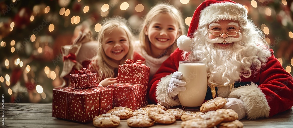 Poster children placing milk and cookies on a table for santa claus while parents watch with smiles large s