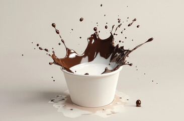 3D animated splash of milk and chocolate in the air above a cup