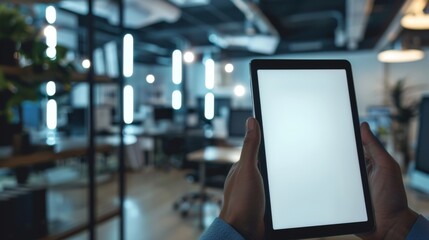 Man holding tablet with blank white screen in front of him, mock-up. Blurred office background.