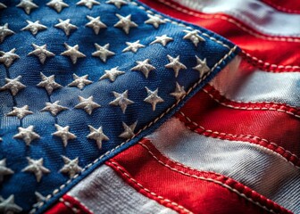 Closeup of the American flag fabric texture showcasing vibrant colors and intricate stitching details