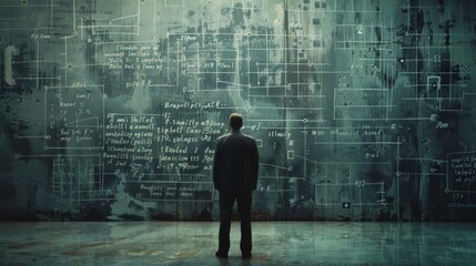 A daunting task, finding a solution a concept. A young businessman stands in front of a dark wall scribbled with complex calculations.