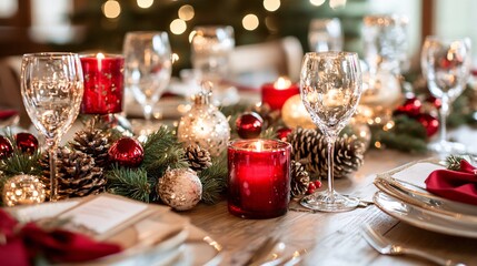 Close-up of a festive dining table centerpiece with red candles pinecones and twinkling fairy lights Large space for text in center Stock Photo with copy space