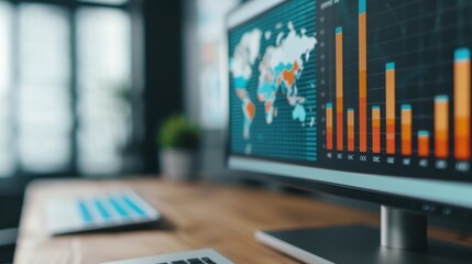 Close-up of a computer screen displaying a data analytics dashboard with a world map and bar charts in a modern office setting.