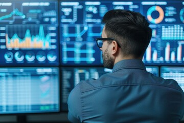 Fototapeta premium A business analyst in a control room reviewing multiple data screens, focusing on analytics, financial trends, and performance metrics.