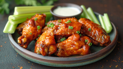 Fototapeta premium A plate of spicy buffalo wings, coated in a bright orange sauce, served with celery sticks and ranch dressing,