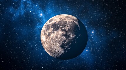 Detailed moon in vast space, surrounded by a blue nebula and shining stars, showcasing cosmic beauty.