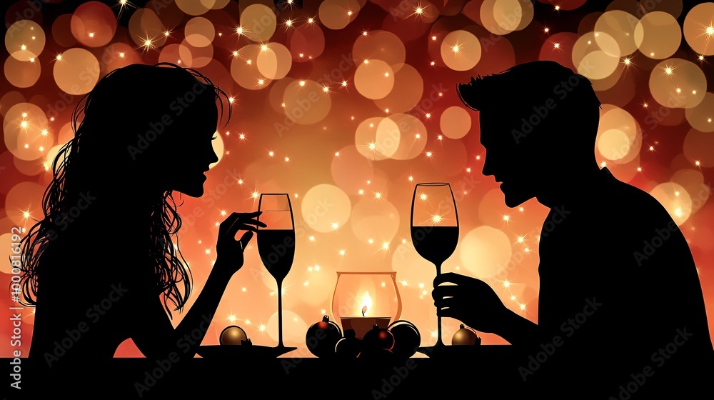 Poster Couple enjoying a romantic candlelit dinner at a beautifully set table with holiday ornaments and string lights Softly shaded illustration creating an intimate festive atmosphere Large space for text