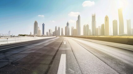 Fototapeta premium A clear view down a smooth highway leading towards a modern city skyline under bright blue skies, capturing the essence of urban progress and connectivity.