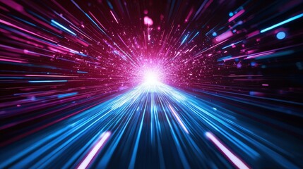 Fototapeta premium Abstract light burst with blue and pink streaks on a dark background.