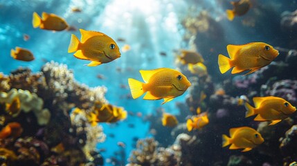 Obraz premium Harmony in the Depths: School of Vibrant Fish Swimming Beneath Clear Coral Reef Waters