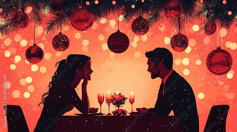 Aufkleber Couple enjoying a romantic candlelit dinner at a beautifully set table with holiday ornaments and string lights Softly shaded illustration creating an intimate festive atmosphere Large space for text