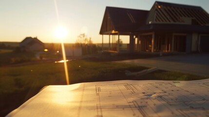 A close-up view of financial analysis documents related to construction, with a partially built house and trees bathed in the warm glow of a sunset.