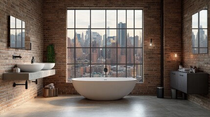 A sleek urban loft bathroom, with exposed brick walls, industrial fixtures, and large windows framing views of the city skyline