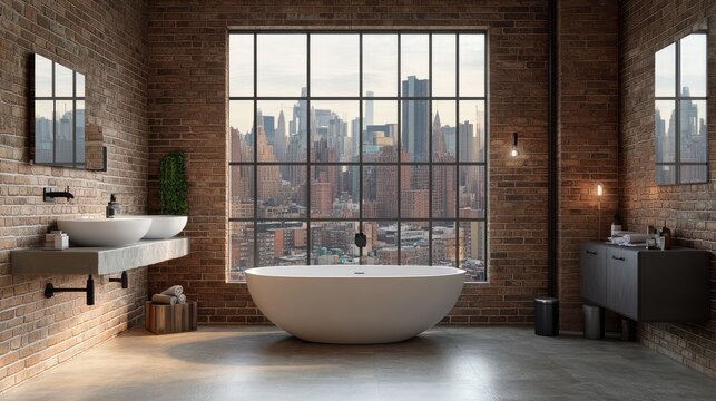 A sleek urban loft bathroom, with exposed brick walls, industrial fixtures, and large windows framing views of the city skyline