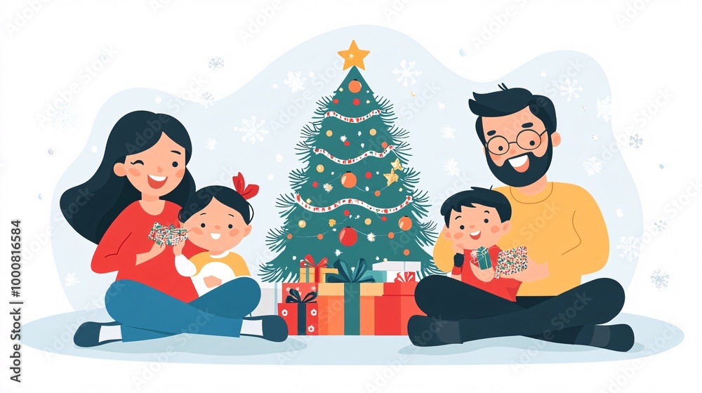 Poster Family sitting on the floor playing charades while a decorated tree sparkles in the background Characters drawn in a lively expressive style showing fun and connection in a cozy home setting Large
