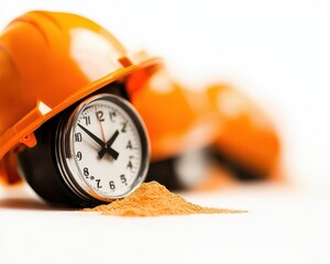 Clock on sand with construction helmets, signifying time management in construction.