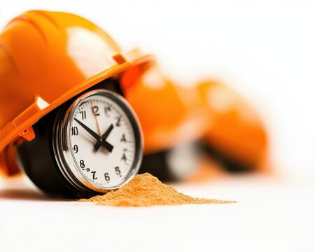 Clock on sand with construction helmets, signifying time management in construction.