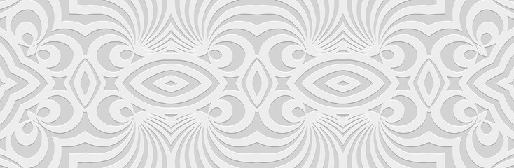 Banner, ethnic cover design. Geometric elegant 3D pattern, white background, embossing. Textured openwork ornaments, arabesques, mandala, handmade East, Asia, India, Mexico, Aztec, Peru.