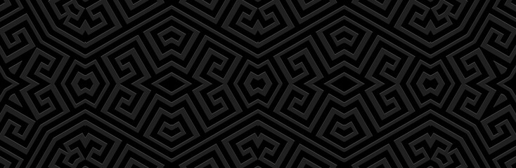 Banner, ethnic cover design. Geometric unique Greek 3D pattern, meander. Black background, embossing. Ornaments of the East, Asia, India, Mexico, Aztec. Space for text and advertising. 