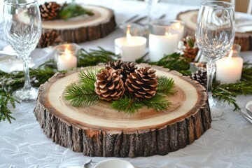 Rustic holiday table setting with pine cones candles