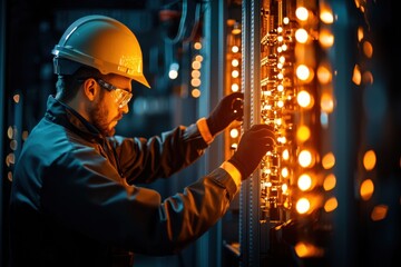 Electrician working on control panel in a modern industrial setting.