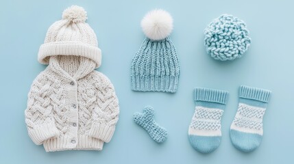 Flat lay of a babyas cozy winter outfit: knitted sweater, hat with pom-pom, and fleece-lined socks, on a pastel backdrop. No people, no logo.