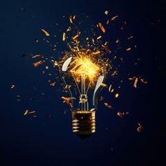 Exploding light bulb with bright sparks on dark background, symbolizing innovation.