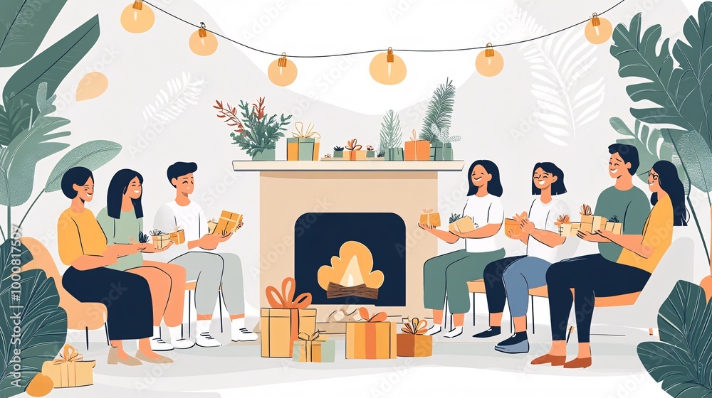Poster illustration of friends gathered in front of a fireplace exchanging small gifts and enjoying each ot