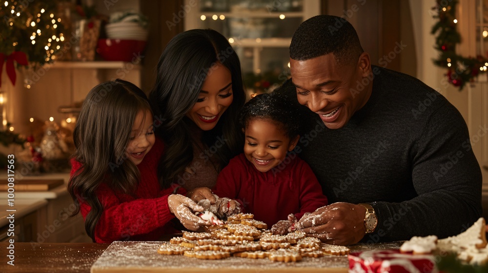 Poster parents and children decorating cookies in the kitchen characters show happy expressions amidst a me