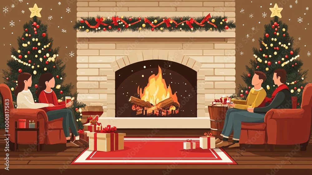 Poster illustration of friends gathered in front of a fireplace exchanging small gifts and enjoying each ot