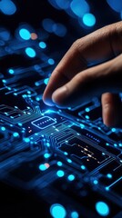 Futuristic hand interacting with digital circuit board.