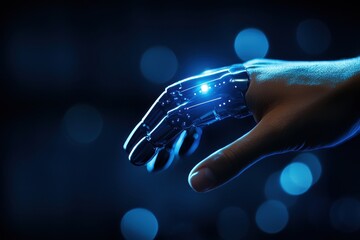 Futuristic mechanical hand with blue lights, dark background.