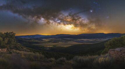 Obraz premium Milky Way Over a Tranquil Mountain Valley