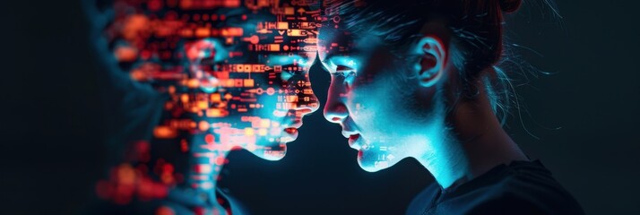 Close-up of a human face blending with digital code, representing the concept of AI, technology integration, and the digital future.