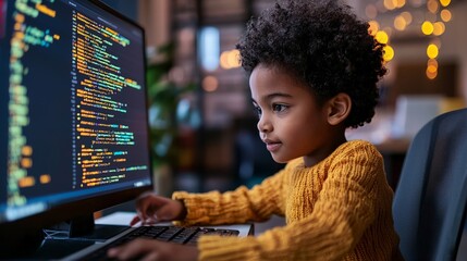 A child playing the role of a software engineer, writing code on a toy computer,