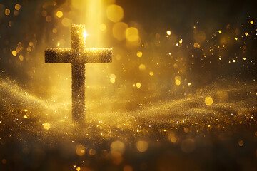 Religious cross in abstract wallpaper with shining gold sparkles and radiant lights. Symbolism of heaven or the resurrection.
