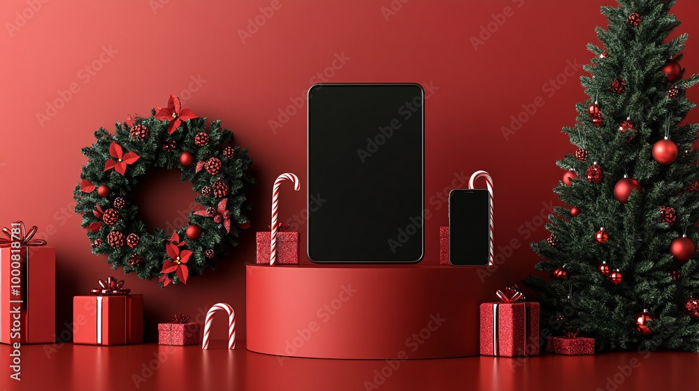 Poster 3d-rendered christmas-themed display with a blank screen laptop tablet and phone showcased on a red 