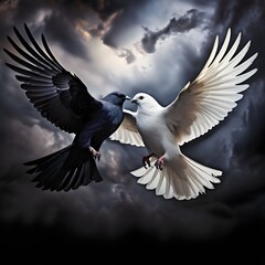 Fototapeta premium Peace vs. Conflict: Dove and Raven in Flight, peace vs conflict, dove and raven, contrast in flight, light and dark birds, calm vs intensity, grace and energy, symbolic duality, stormy sky contrast