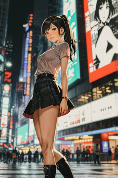 Jeune femme au style asiatique en contre‑plong&eacute;e, illustration urbaine de nuit avec n&eacute;ons, attitude affirm&eacute;e et mini‑jupe