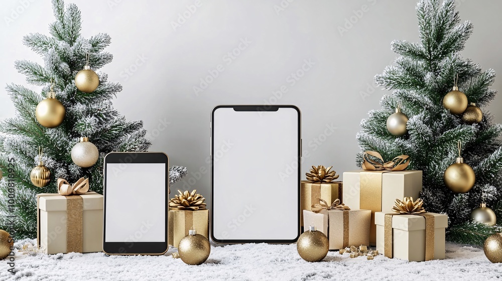 Poster blank screen devices including a phone tablet and laptop set against a christmas backdrop with a dec