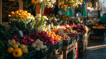Fototapeta premium Colorful Farmers Market with Fresh Vegetables and Flowers