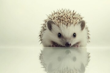 Obraz premium Curious hedgehog exploring a smooth surface with reflection in soft natural light