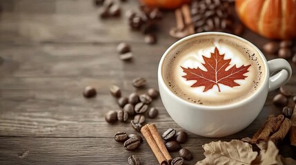 Coffee cup with maple leaf design, surrounded by beans and autumn decor.