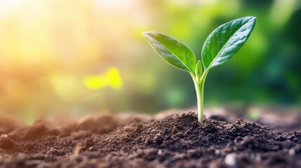 Fototapeta premium Young plant sprouting fertile soil with sunlight