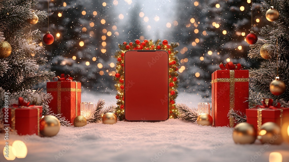 Poster blank screen devices including a phone tablet and laptop set against a christmas backdrop with a dec