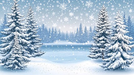 A snowy winter landscape with two fir trees in the foreground and a frozen lake in the background.