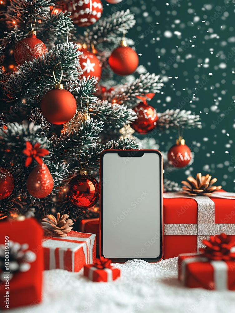 Poster 3d render of a blank screen smartphone laptop and tablet on a vertical podium decorated with festive