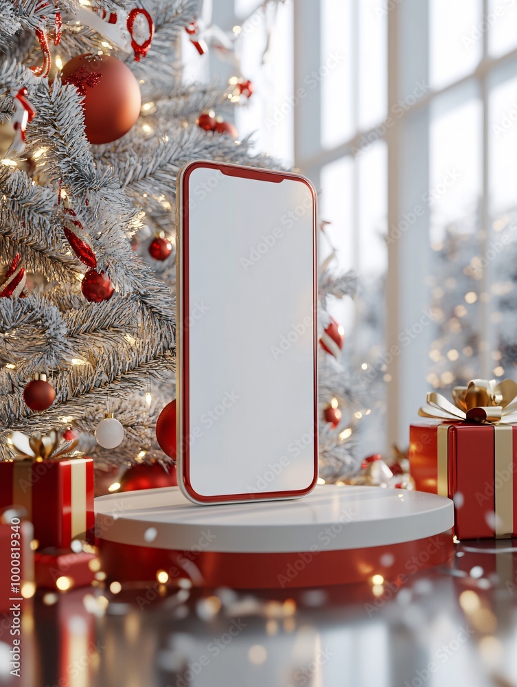 Poster 3d render of a blank screen smartphone laptop and tablet on a vertical podium decorated with festive