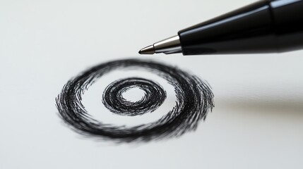 A pen is drawing a spiral on a white surface.