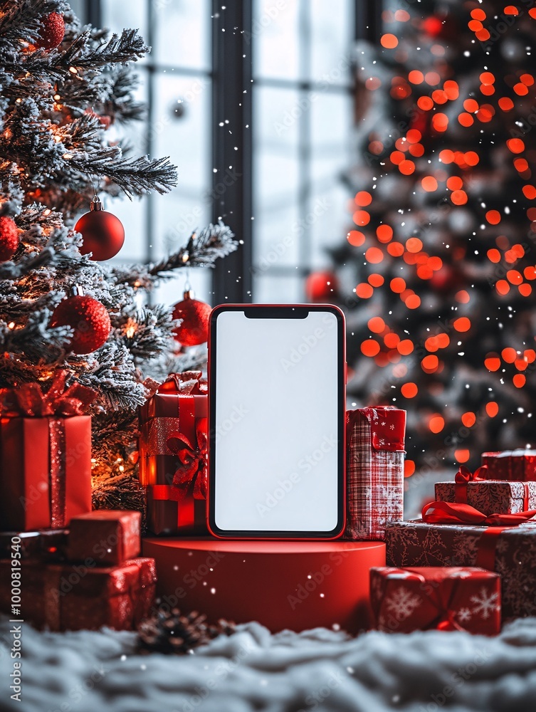 Aufkleber blank screen smartphone tablet and laptop displayed on a tiered podium with a snowy background chris